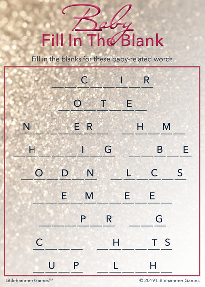 Baby Fill in the Blank game card with a glittery rose gold background