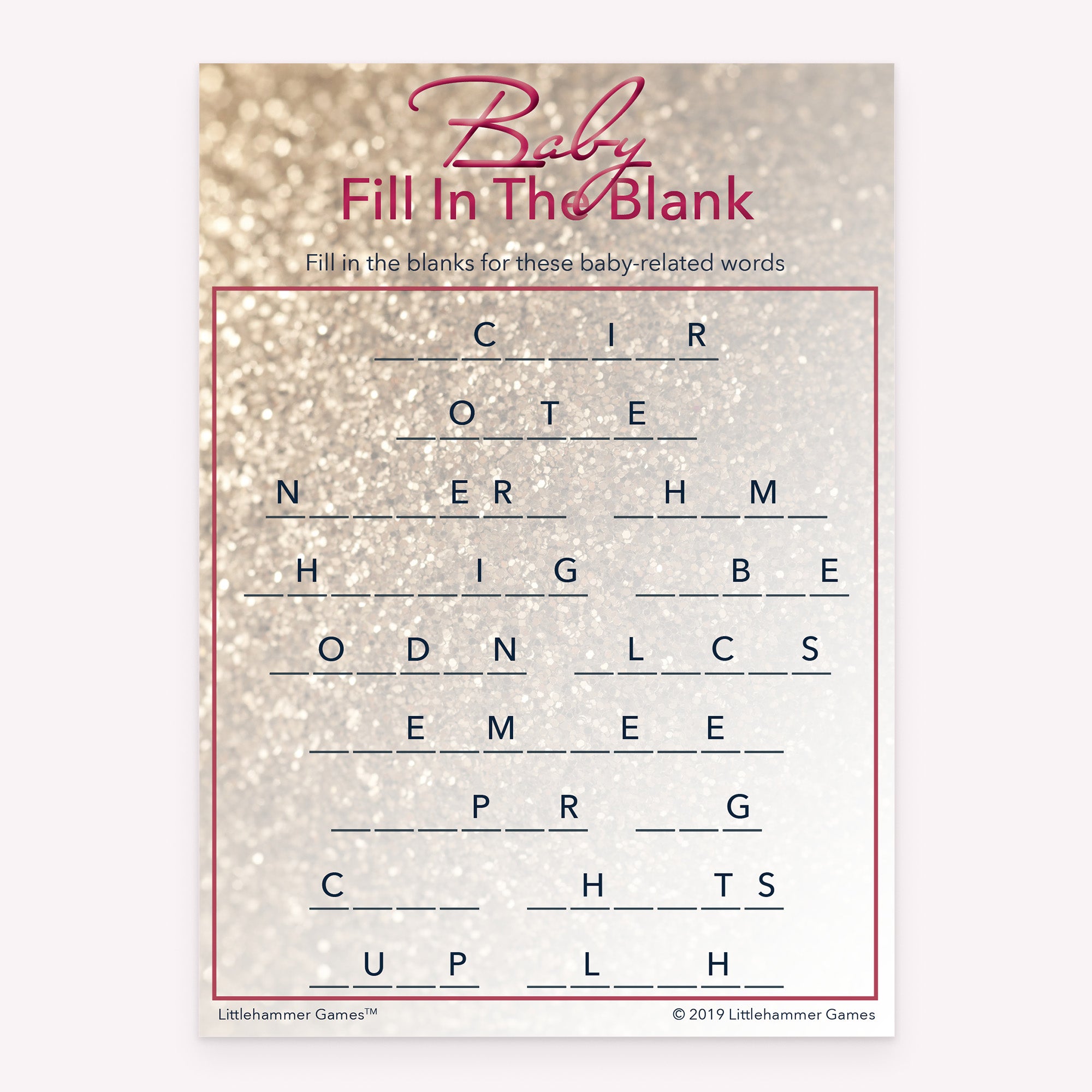 Glittery rose gold style printable baby shower Baby Fill in the Blank card
