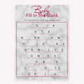 Baby Fill in the Blank game card with rose gold text on a marble background
