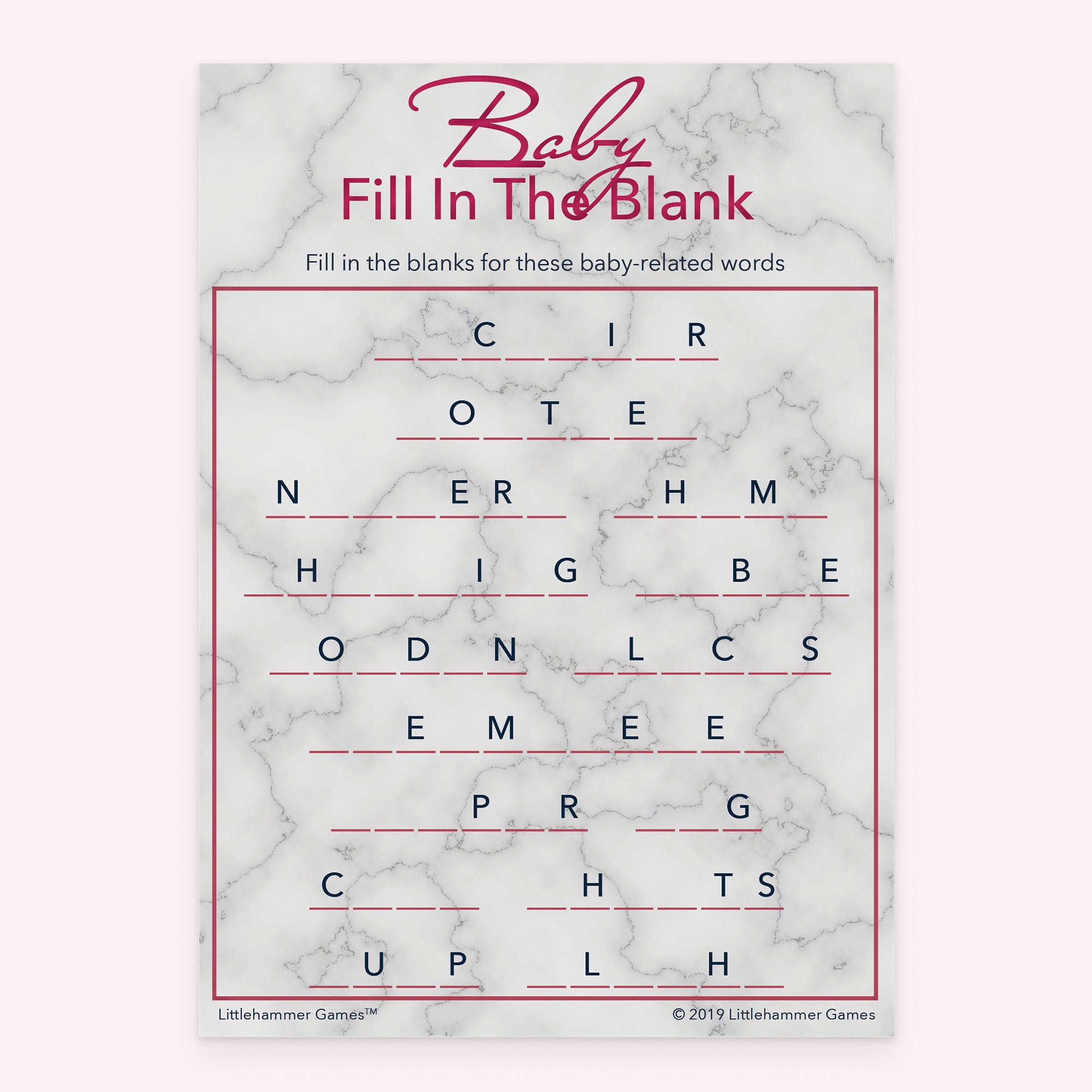 Baby Fill in the Blank printable baby shower game card with rose gold and marble background