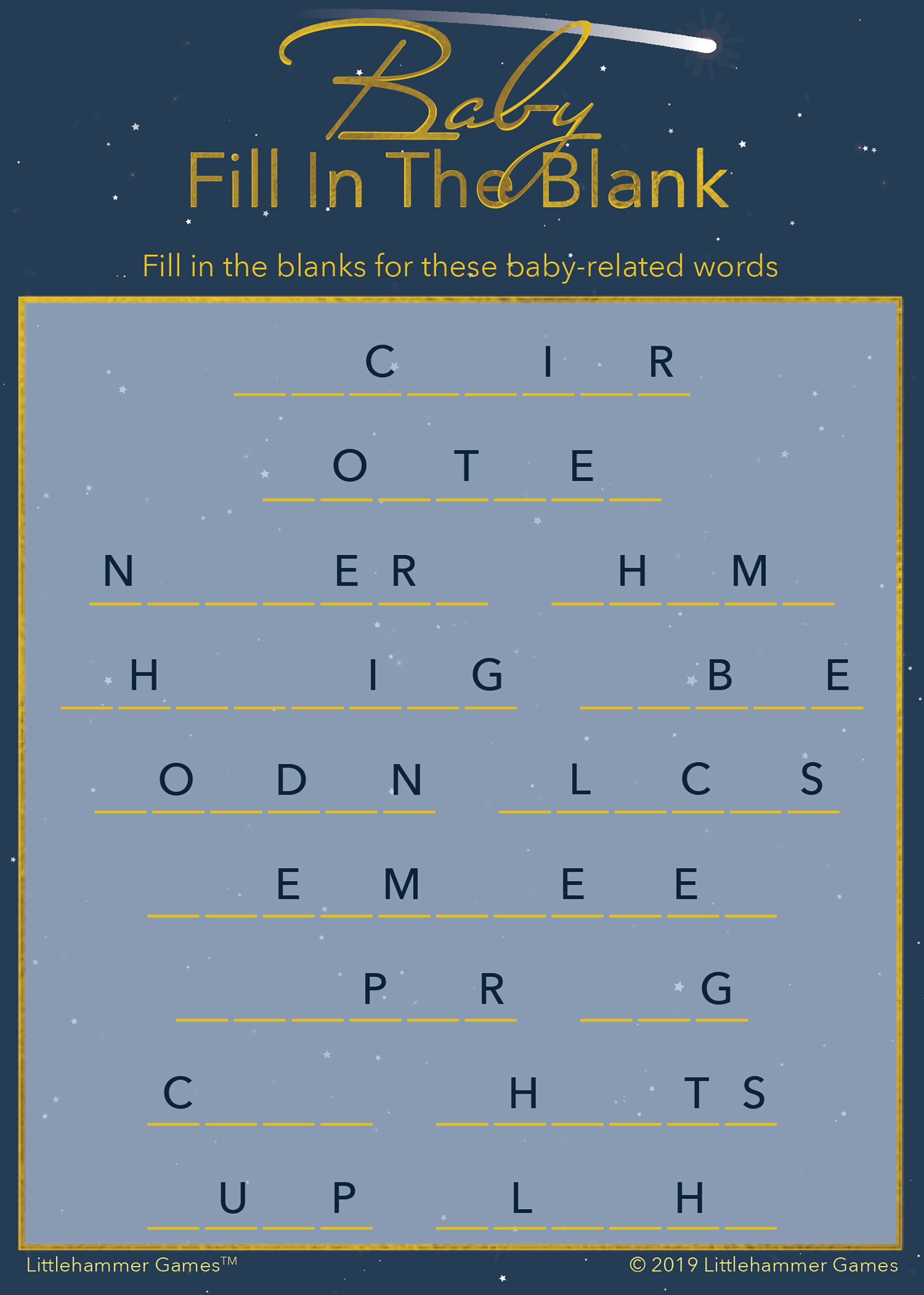 Baby Fill in the Blank game card with a celestial shooting star background