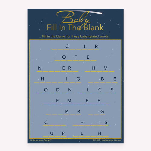 Baby Fill in the Blank game card with a celestial shooting star background