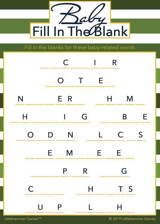 Baby Fill in the Blank game card with a green striped background