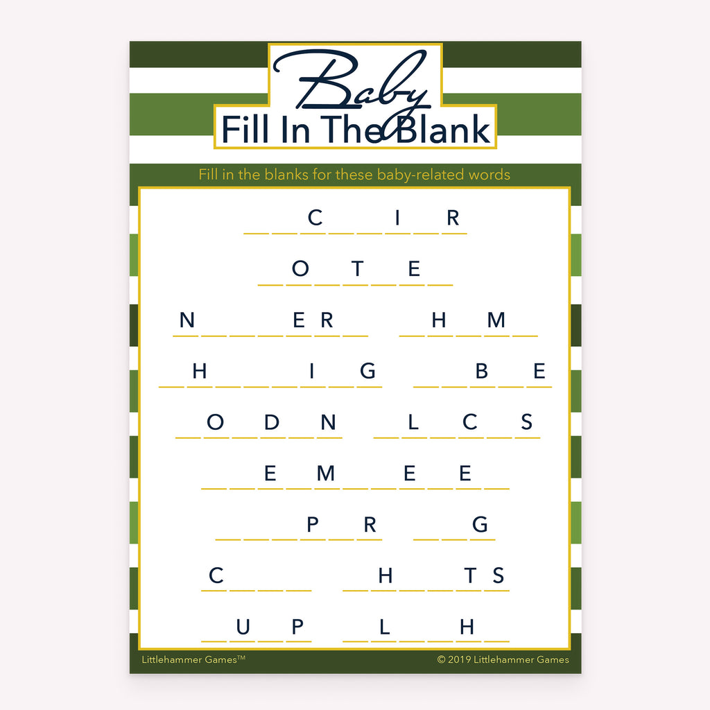 Baby shower Baby Fill in the Blank game card printable in green stripe design