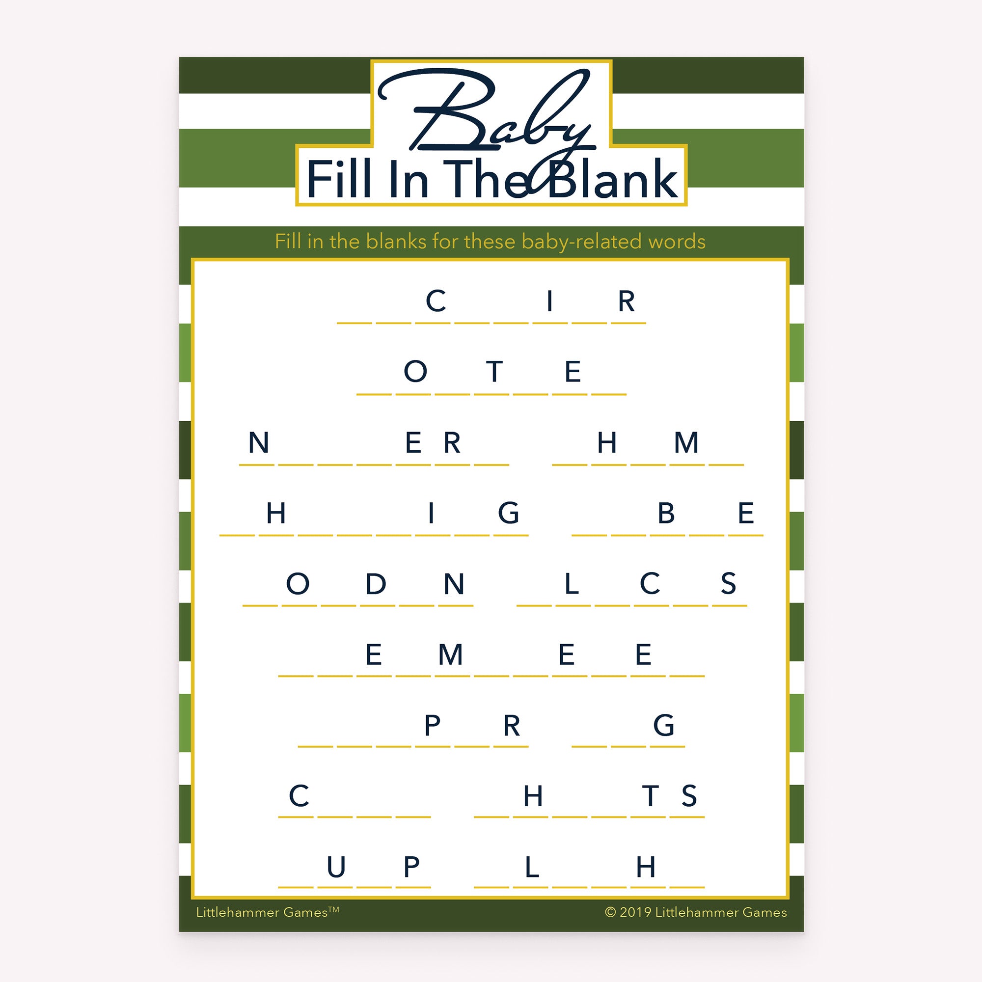 Baby shower Baby Fill in the Blank game card printable in green stripe design