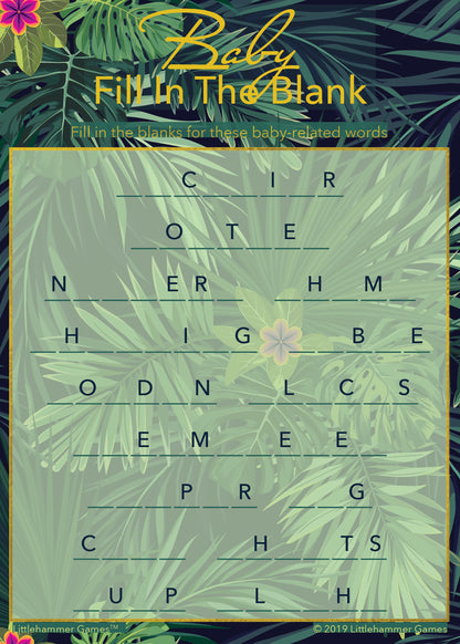 Baby Fill in the Blank game card with a tropical background