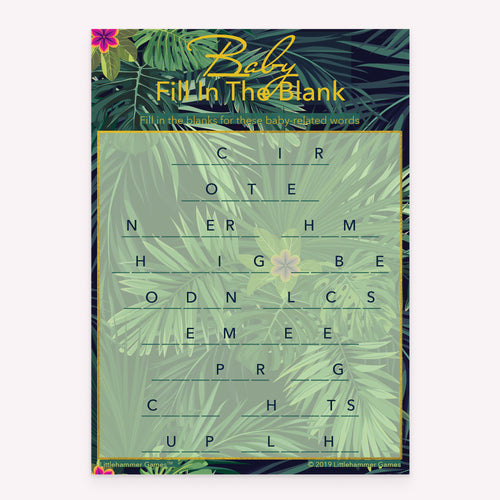 Baby Fill in the Blank game card with a tropical background