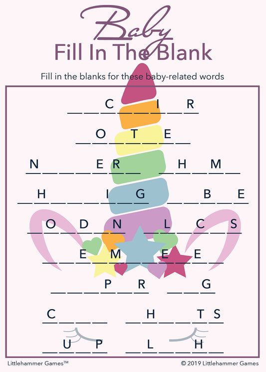 Baby Fill in the Blank game card with a pink and rainbow unicorn background