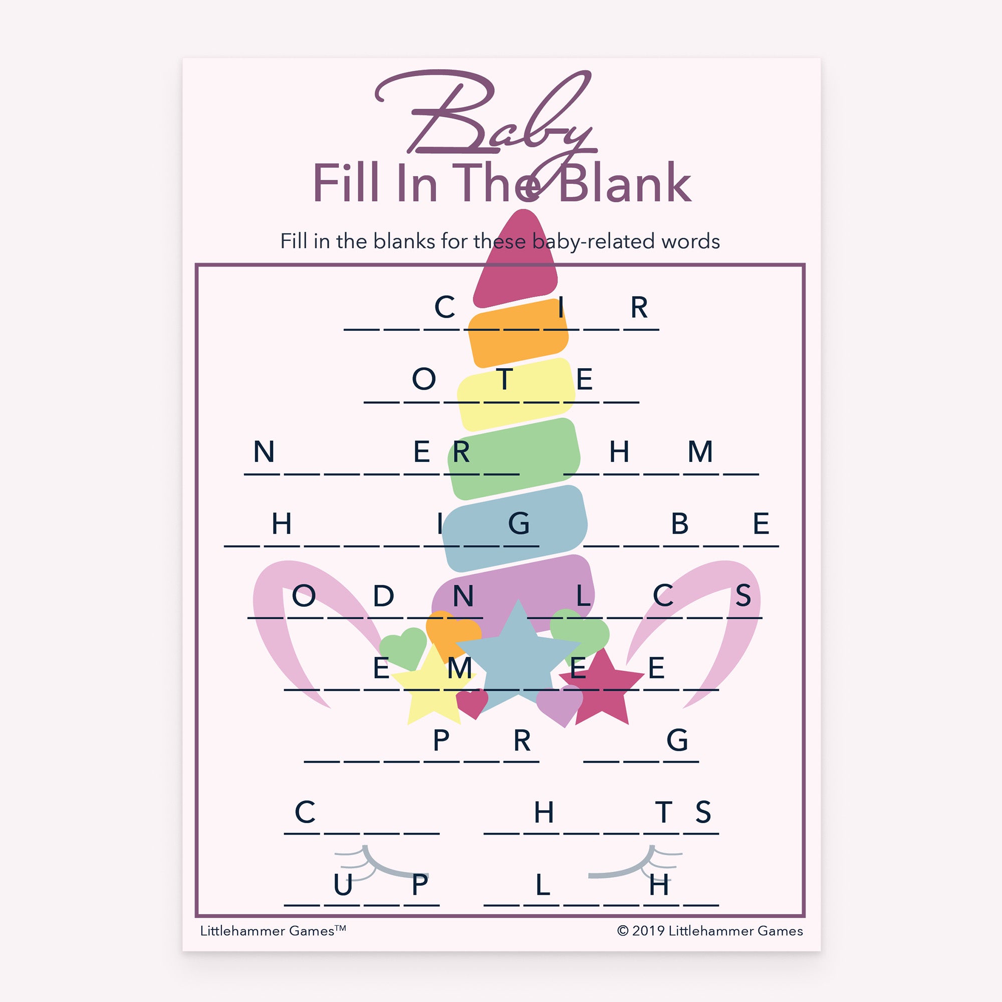 Baby Fill in the Blank printable baby shower activity in unicorn style