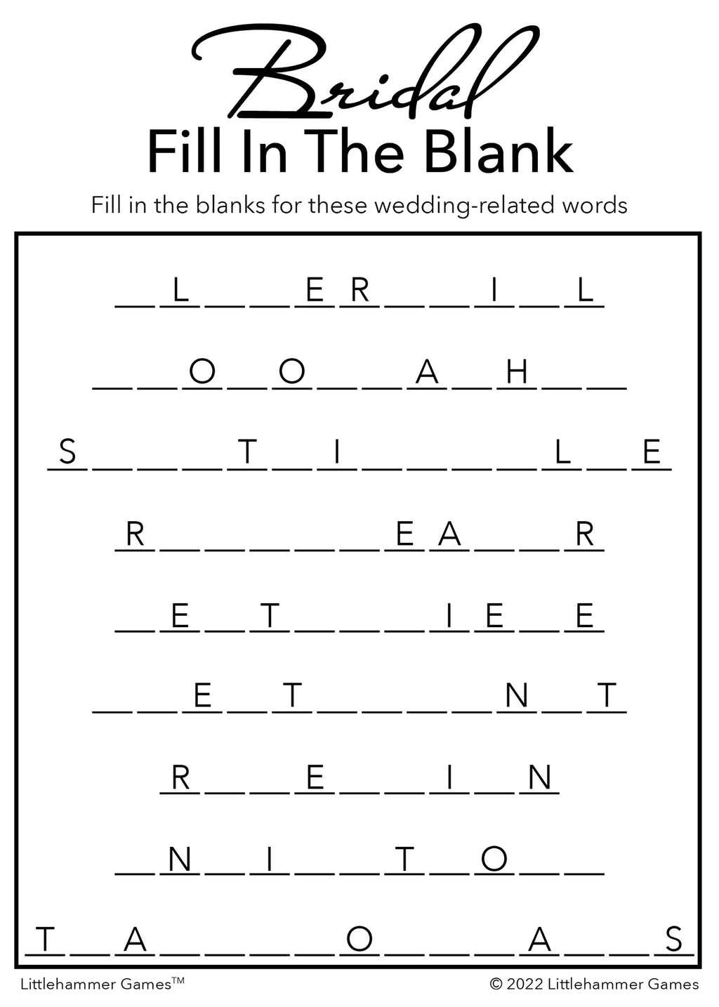 Bridal Fill in the Blank game card with a black and white background