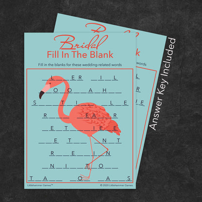 Bridal Fill in the Blank game card with a flamingo background with answer card tucked behind it on a slate background with white text that says "Answer Key Included"