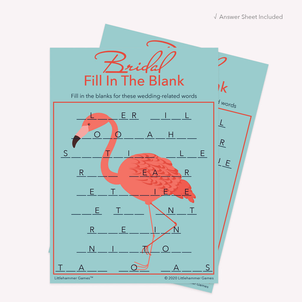 Flamingo theme Bridal Fill in the Blank printable card with matching answer sheet behind the main card