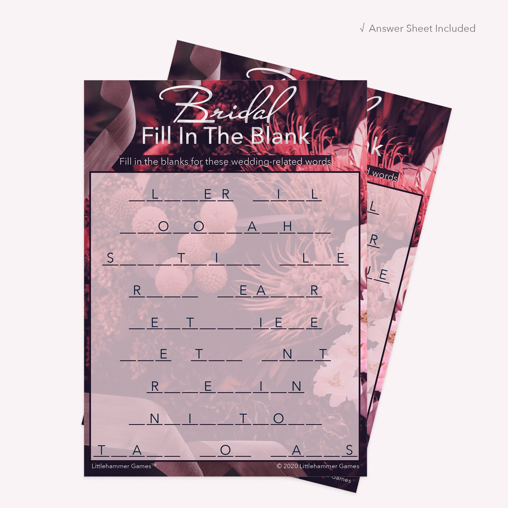 Bridal Fill in the Blank game card with a floral background with answer card tucked behind it on a slate background with white text that says "Answer Key Included"