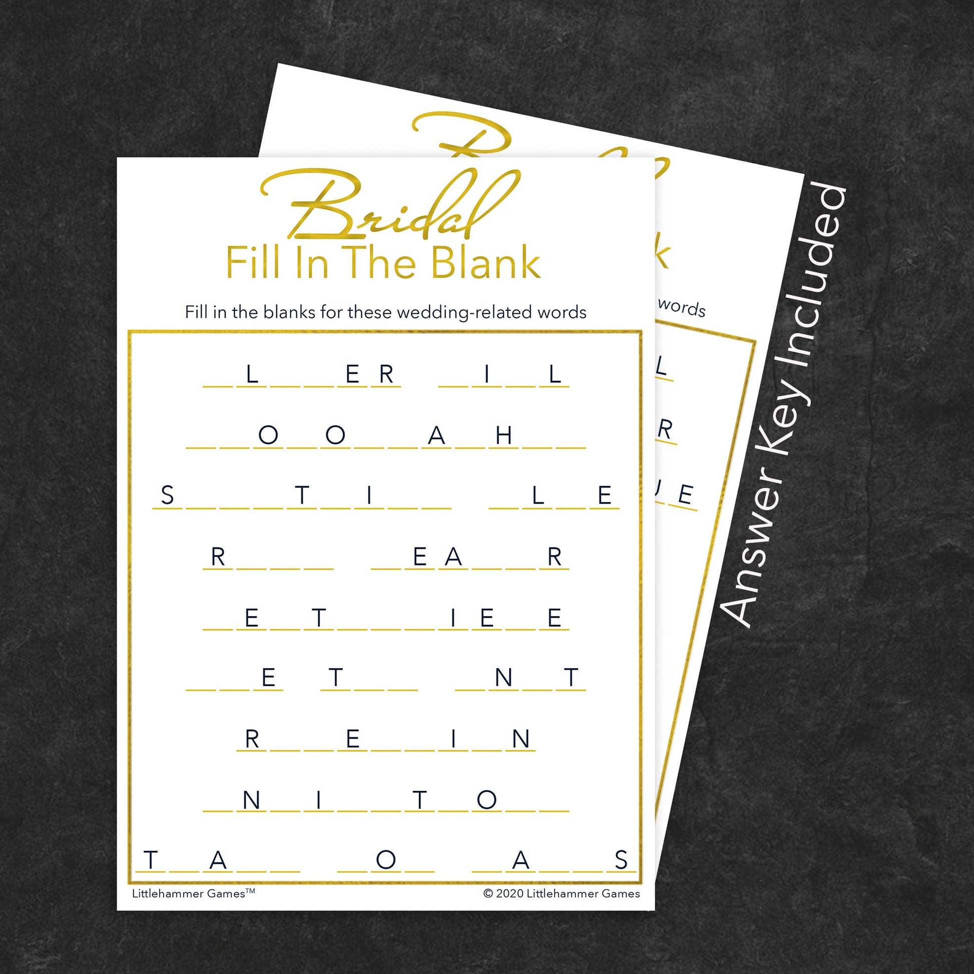 Bridal Fill in the Blank game card with a gold and white background with answer card tucked behind it on a slate background with white text that says "Answer Key Included"