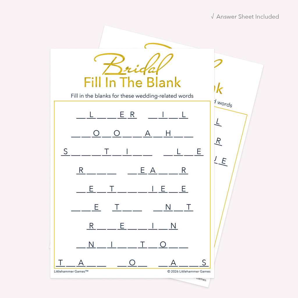 Pretty gold and white Bridal Fill in the Blank printable card with matching answer sheet behind the main card