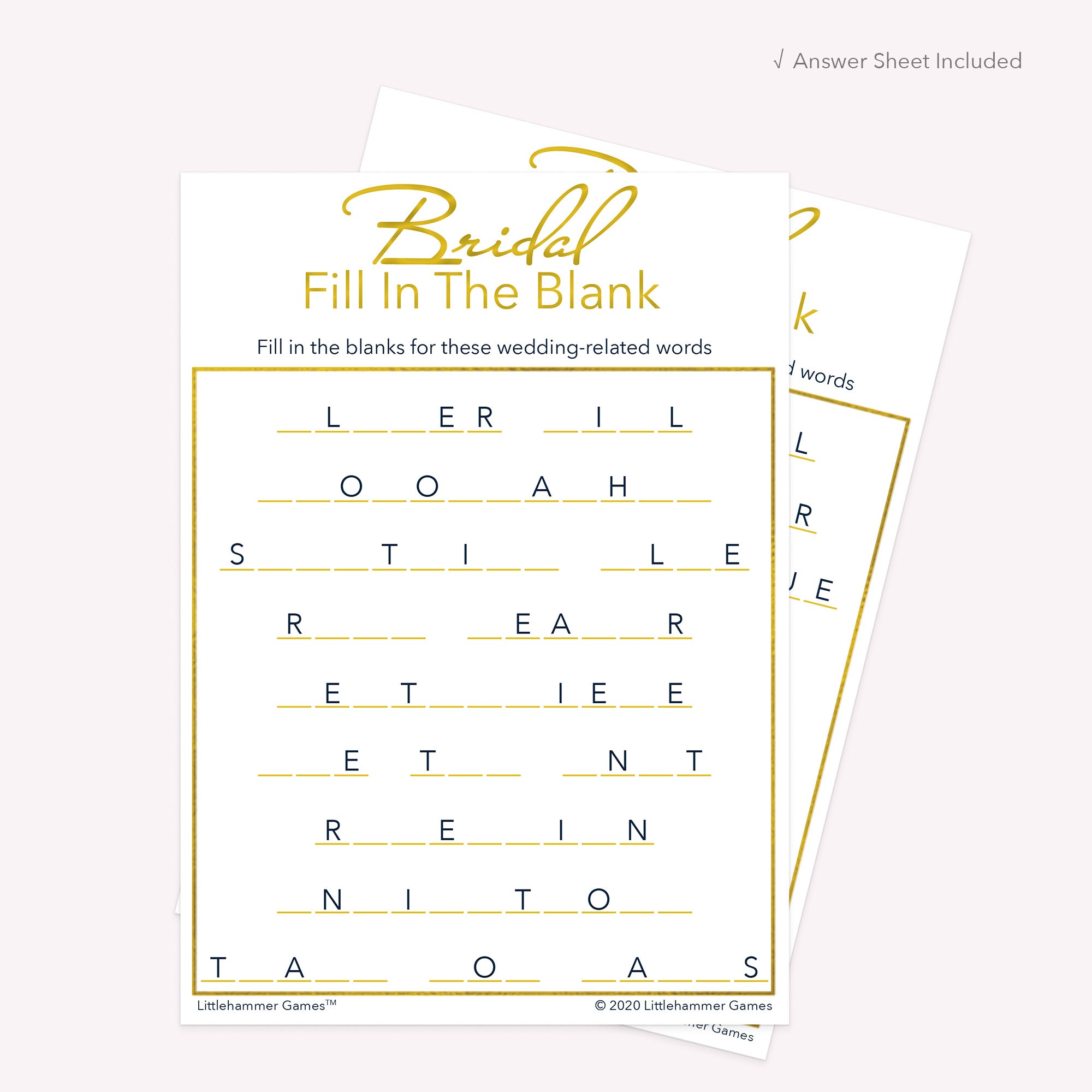 Bridal Fill in the Blank game card with a gold and white background with answer card tucked behind it on a slate background with white text that says "Answer Key Included"