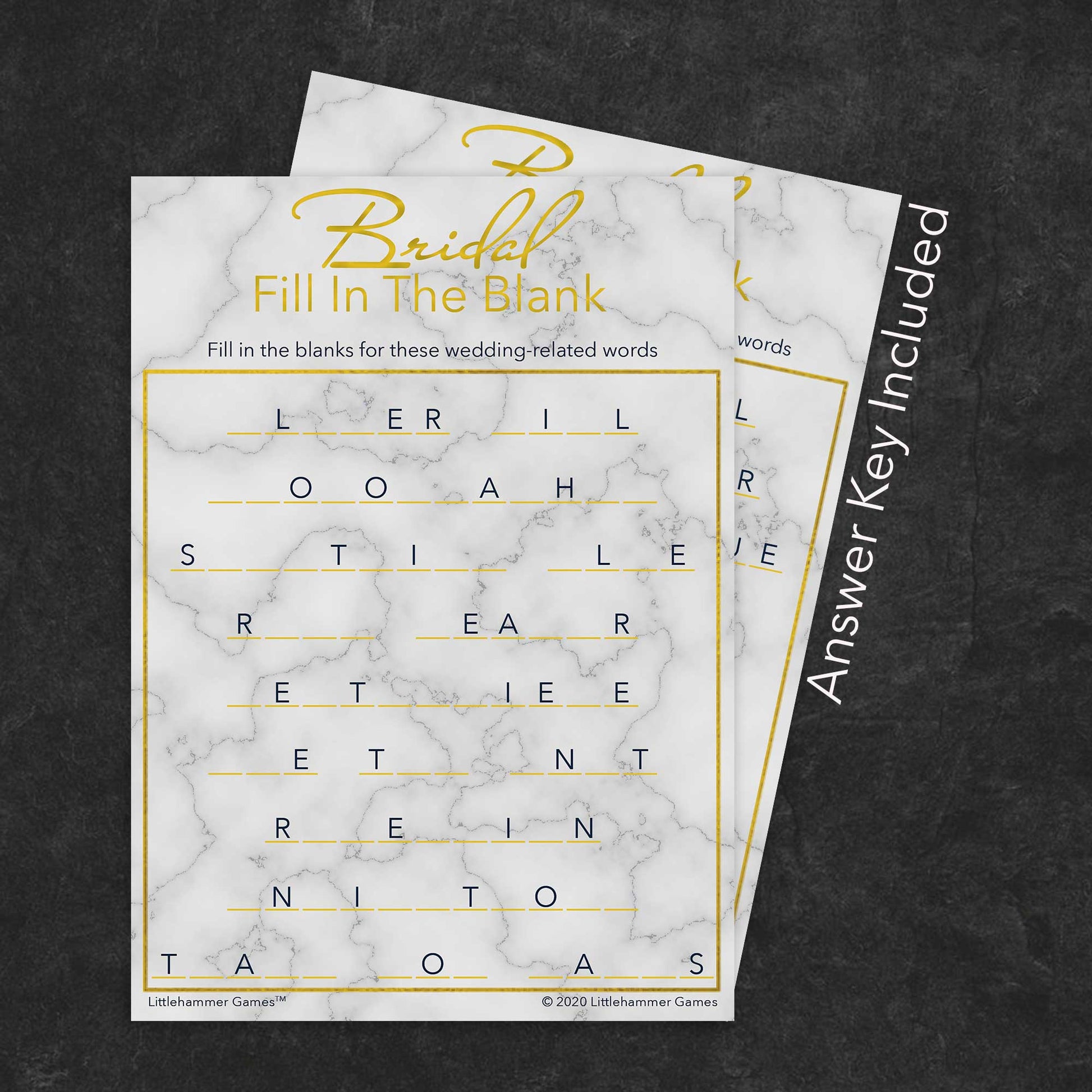 Bridal Fill in the Blank game card with a gold and marble background with answer card tucked behind it on a slate background with white text that says "Answer Key Included"