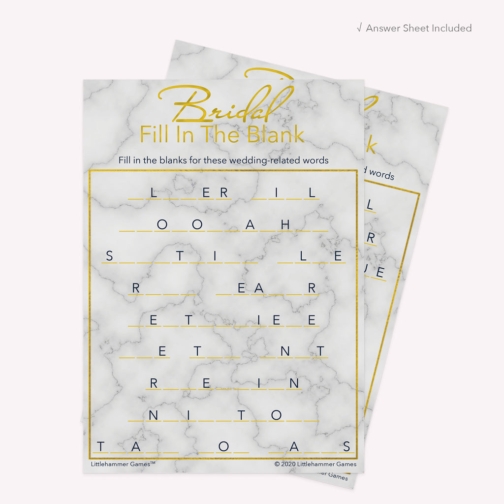 Bridal Fill in the Blank printable card with gold text on a marble background with matching answer sheet behind the main card