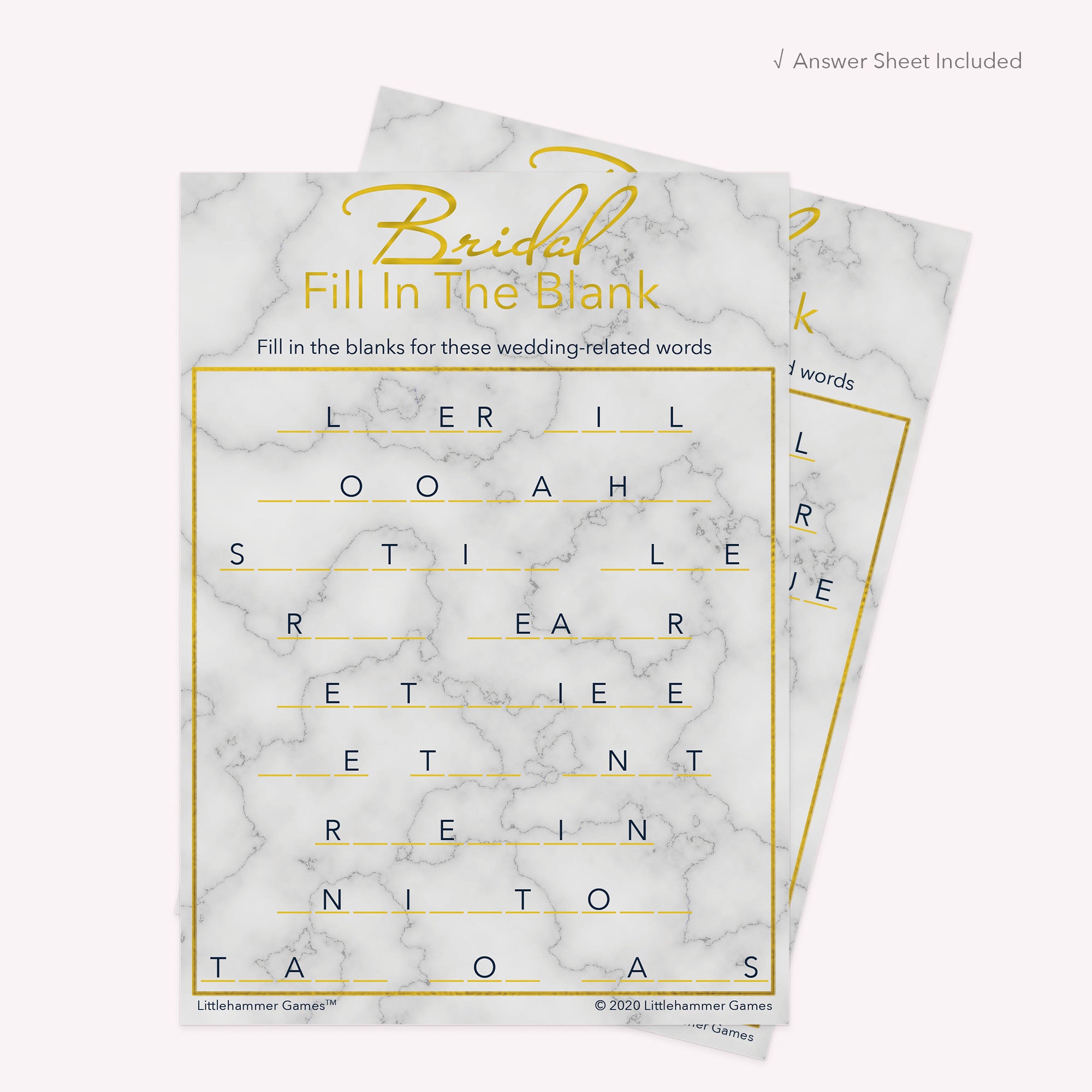Bridal Fill in the Blank game card with a gold and marble background with answer card tucked behind it on a slate background with white text that says "Answer Key Included"