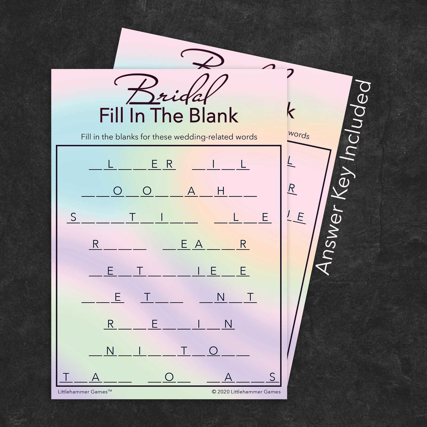 Bridal Fill in the Blank game card with a hologram-themed background with answer card tucked behind it on a slate background with white text that says "Answer Key Included"