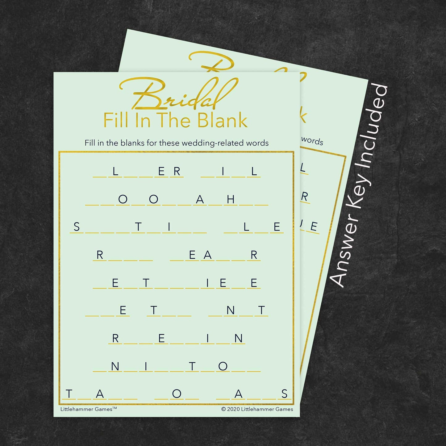 Bridal Fill in the Blank game card with a mint and gold background with answer card tucked behind it on a slate background with white text that says "Answer Key Included"