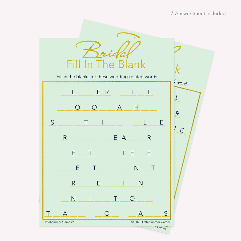 Mint and gold Bridal Fill in the Blank printable card with matching answer sheet behind the main card