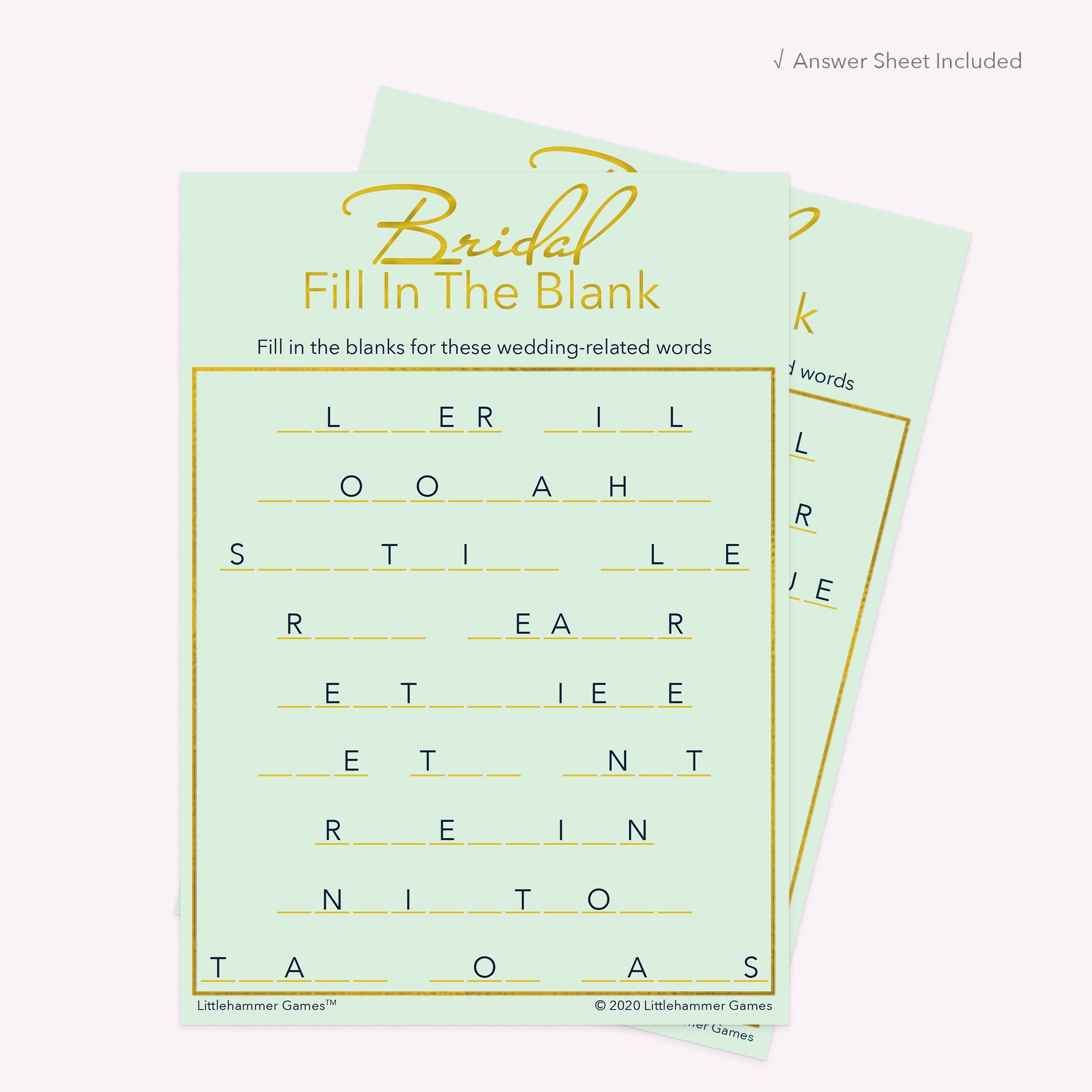 Bridal Fill in the Blank game card with a mint and gold background with answer card tucked behind it on a slate background with white text that says "Answer Key Included"