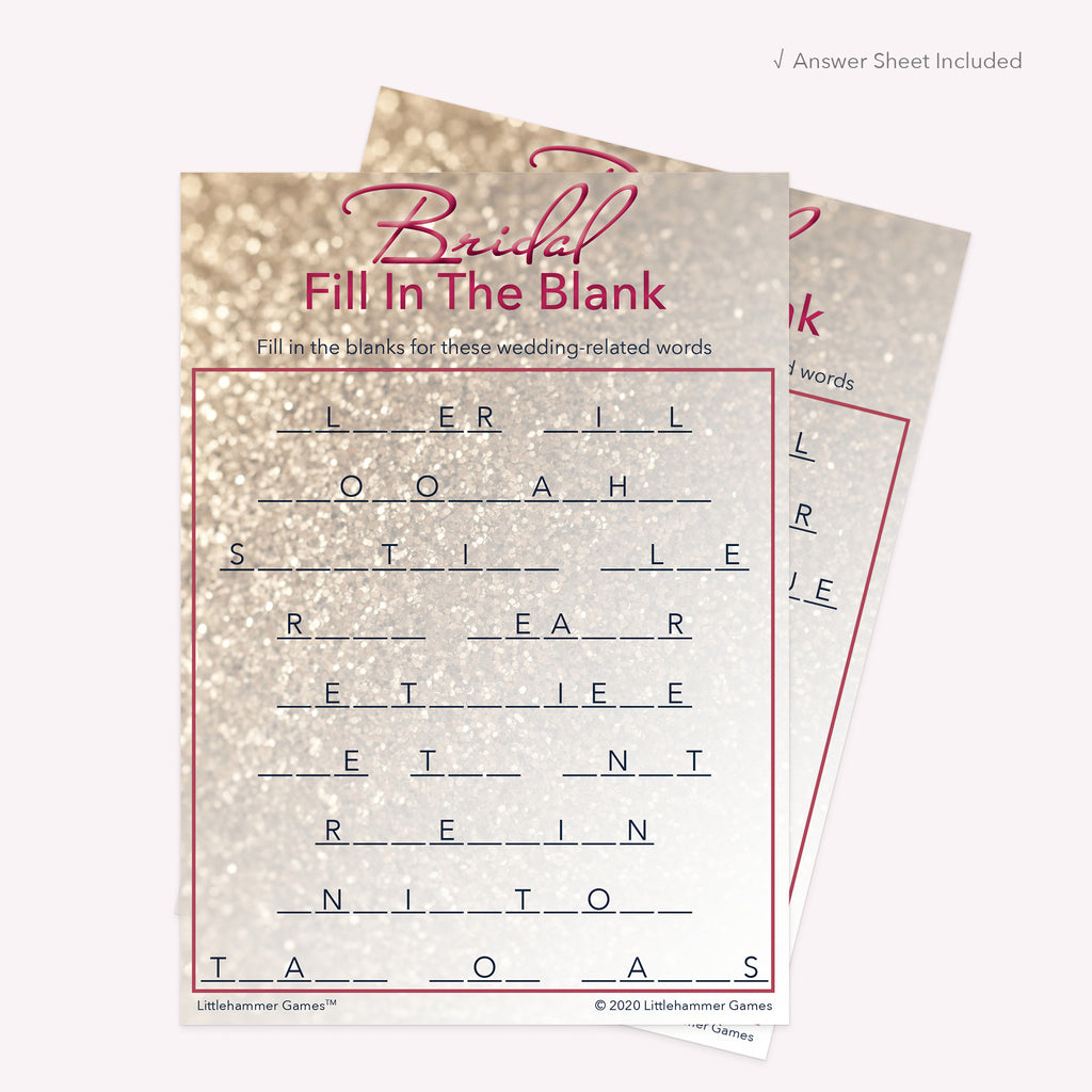 Glittery rose gold Bridal Fill in the Blank printable card with matching answer sheet behind the main card