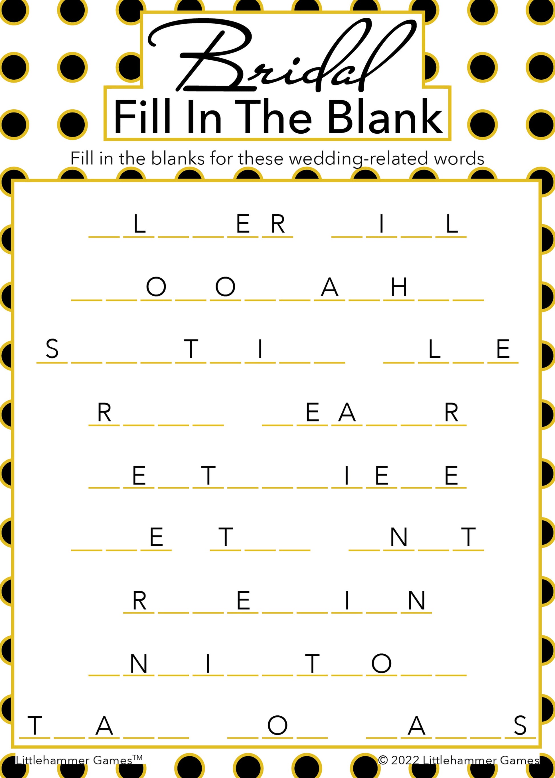 Bridal Fill in the Blank game card with a black and gold polka dot background