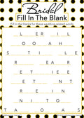 Bridal Fill in the Blank game card with a black and gold polka dot background