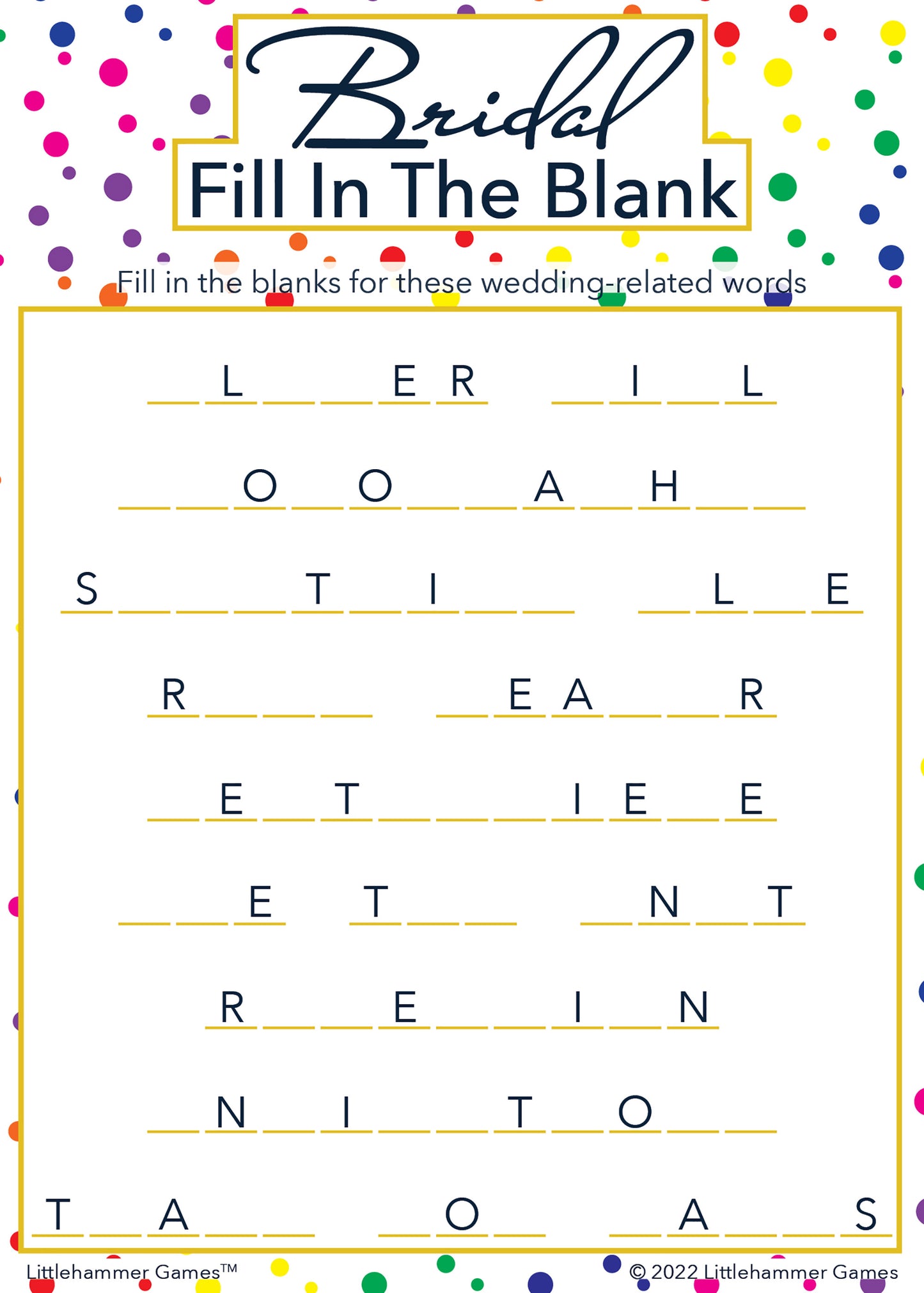 Bridal Fill in the Blank game card with a rainbow polka dot background