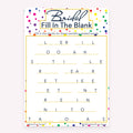 Bridal Fill in the Blank game card with a rainbow polka dot background