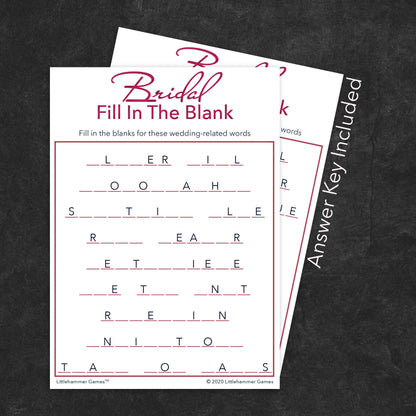 Bridal Fill in the Blank game card with a rose gold and white background with answer card tucked behind it on a slate background with white text that says "Answer Key Included"