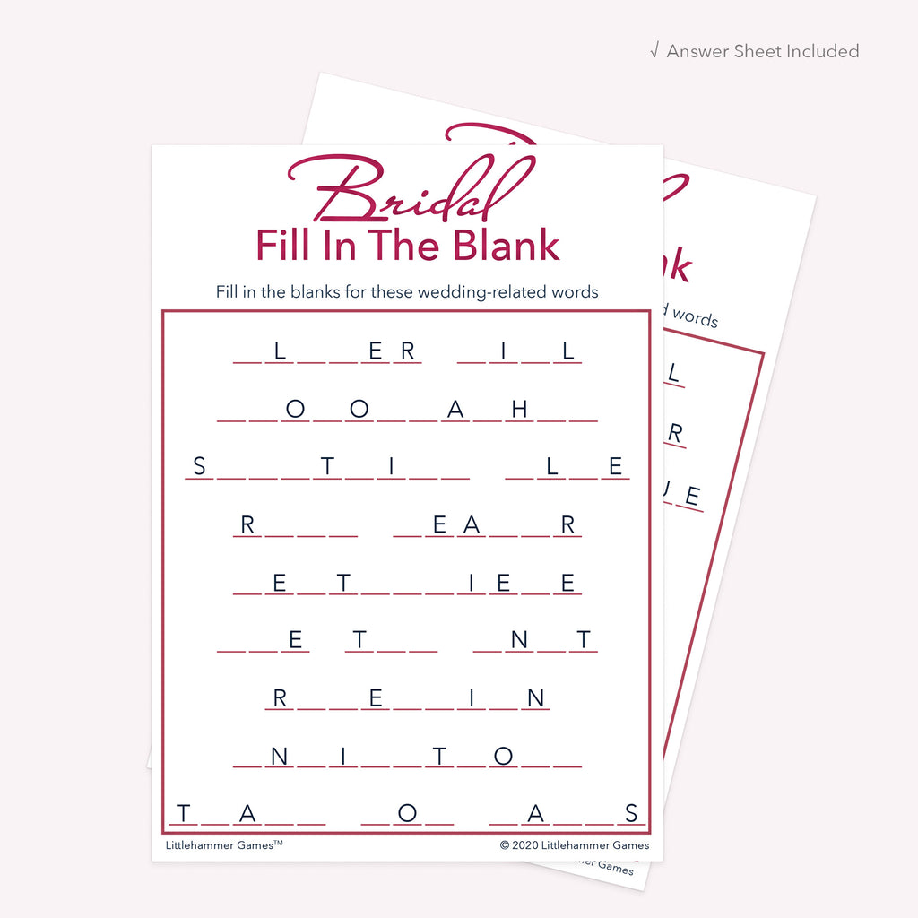 White and rose gold Bridal Fill in the Blank printable card with matching answer sheet behind the main card