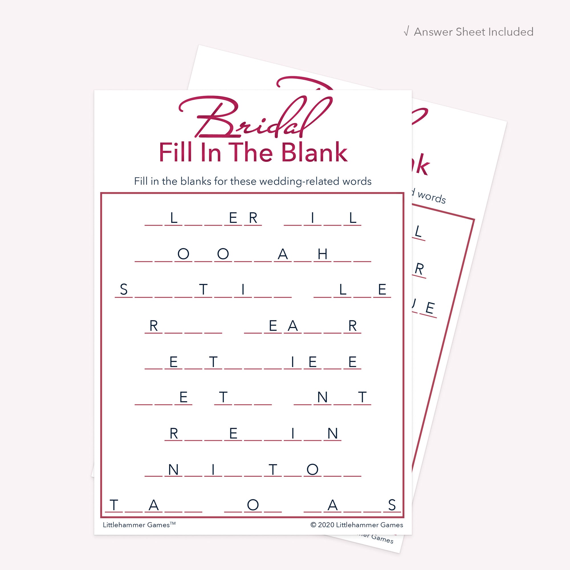 Bridal Fill in the Blank game card with a rose gold and white background with answer card tucked behind it on a slate background with white text that says "Answer Key Included"