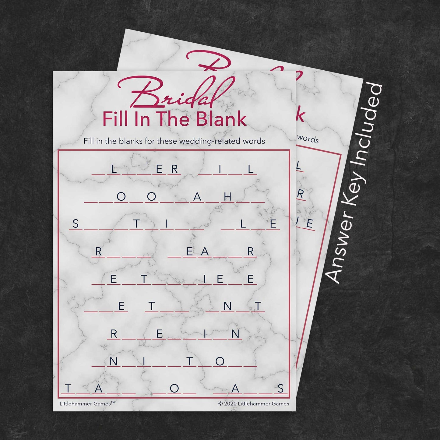 Bridal Fill in the Blank game card with a rose gold and marble background with answer card tucked behind it on a slate background with white text that says "Answer Key Included"