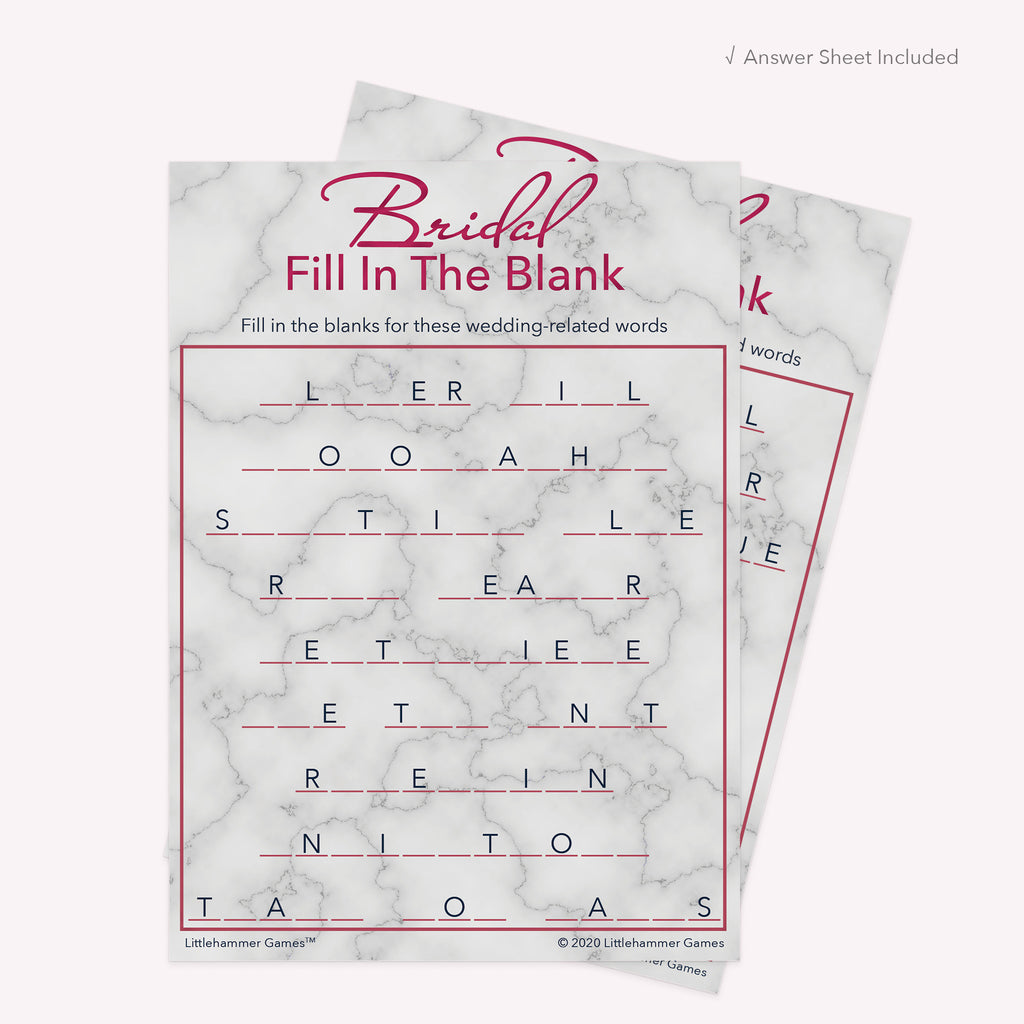 Rose gold marble Bridal Fill in the Blank printable card with matching answer sheet behind the main card