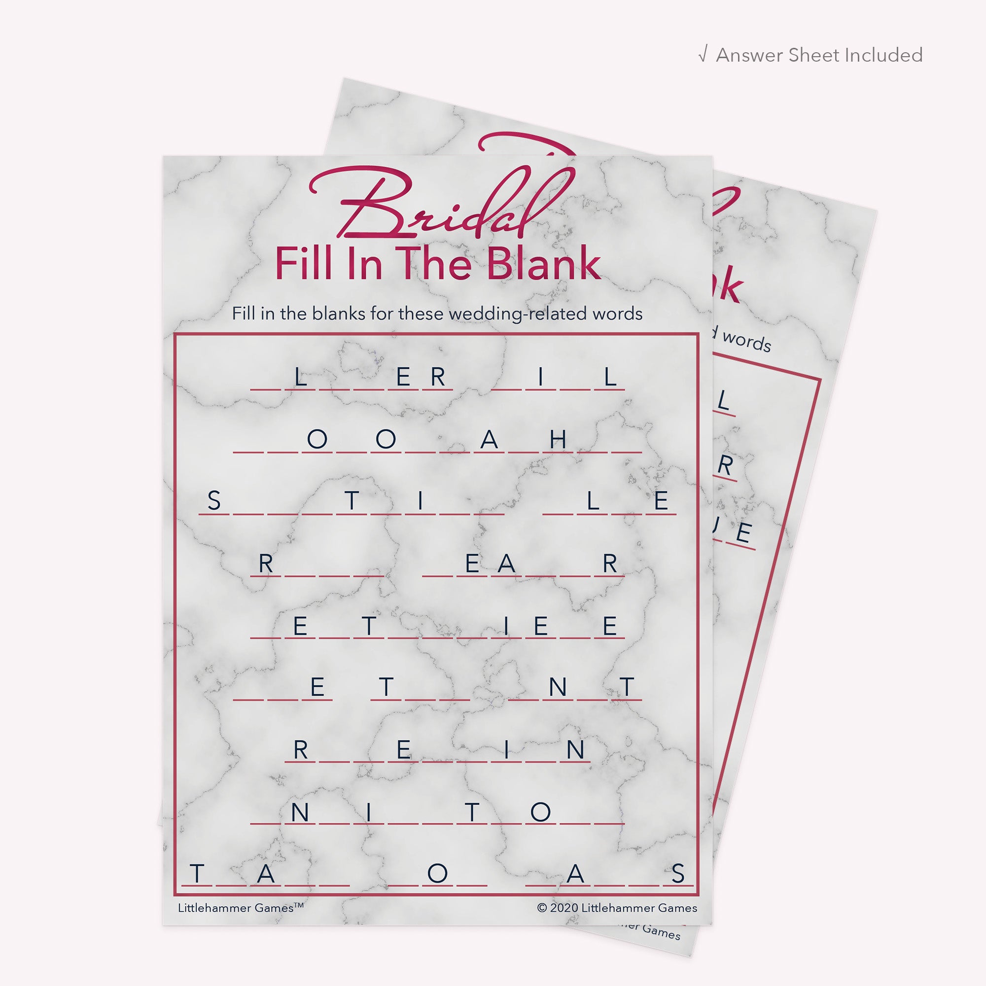 Bridal Fill in the Blank game card with a rose gold and marble background with answer card tucked behind it on a slate background with white text that says "Answer Key Included"