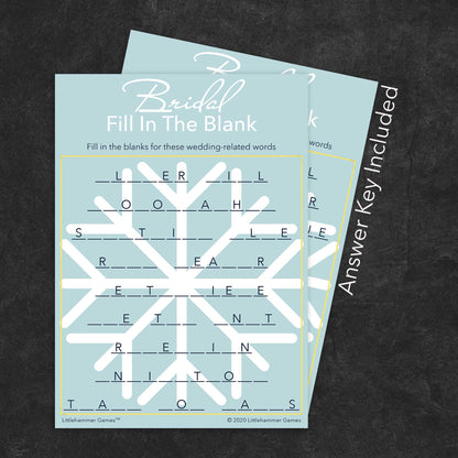 Bridal Fill in the Blank game card with a snowflake background with answer card tucked behind it on a slate background with white text that says "Answer Key Included"