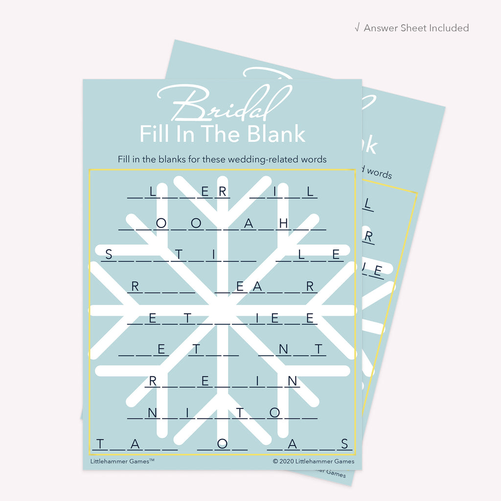 Snowflake-themed Bridal Fill in the Blank printable card with matching answer sheet behind the main card