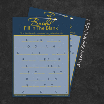 Bridal Fill in the Blank game card with a celestial-themed background with answer card tucked behind it on a slate background with white text that says "Answer Key Included"