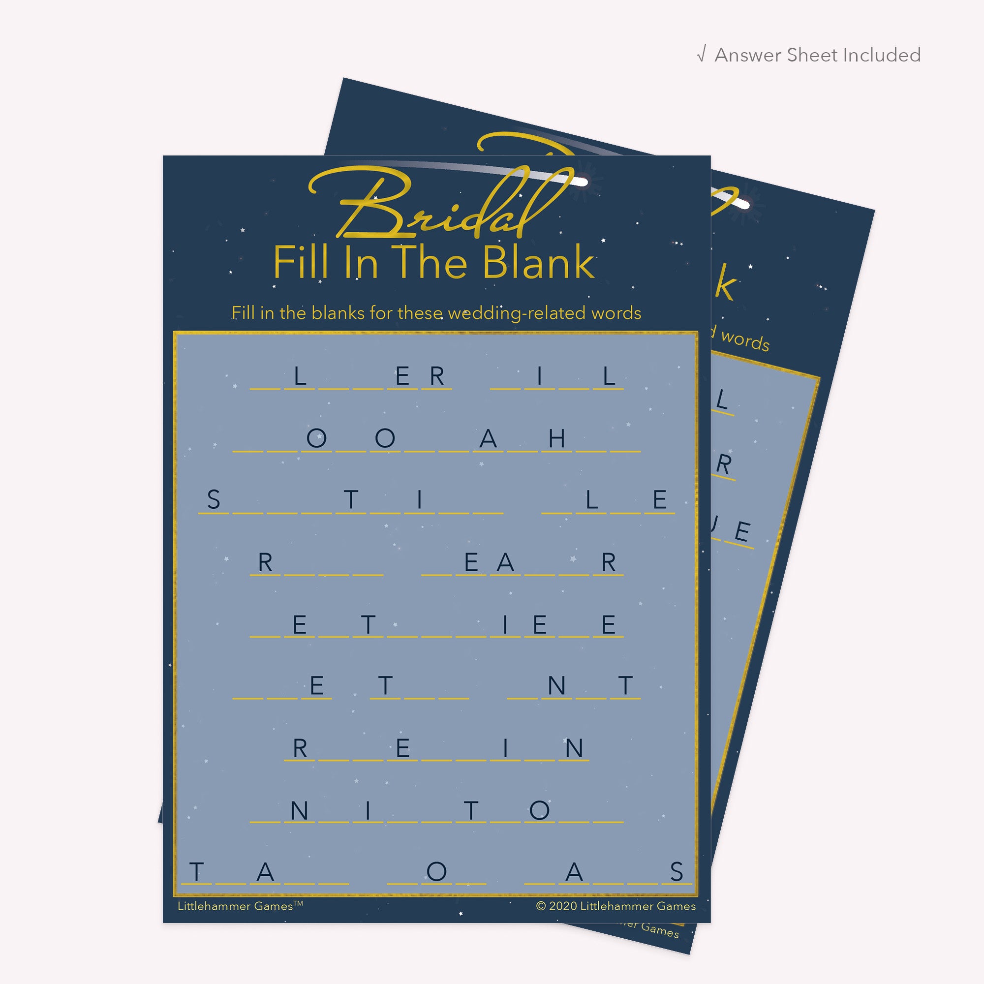 Bridal Fill in the Blank game card with a celestial-themed background with answer card tucked behind it on a slate background with white text that says "Answer Key Included"