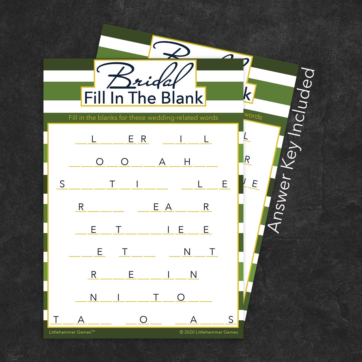 Bridal Fill in the Blank game card with a green-striped background with answer card tucked behind it on a slate background with white text that says "Answer Key Included"
