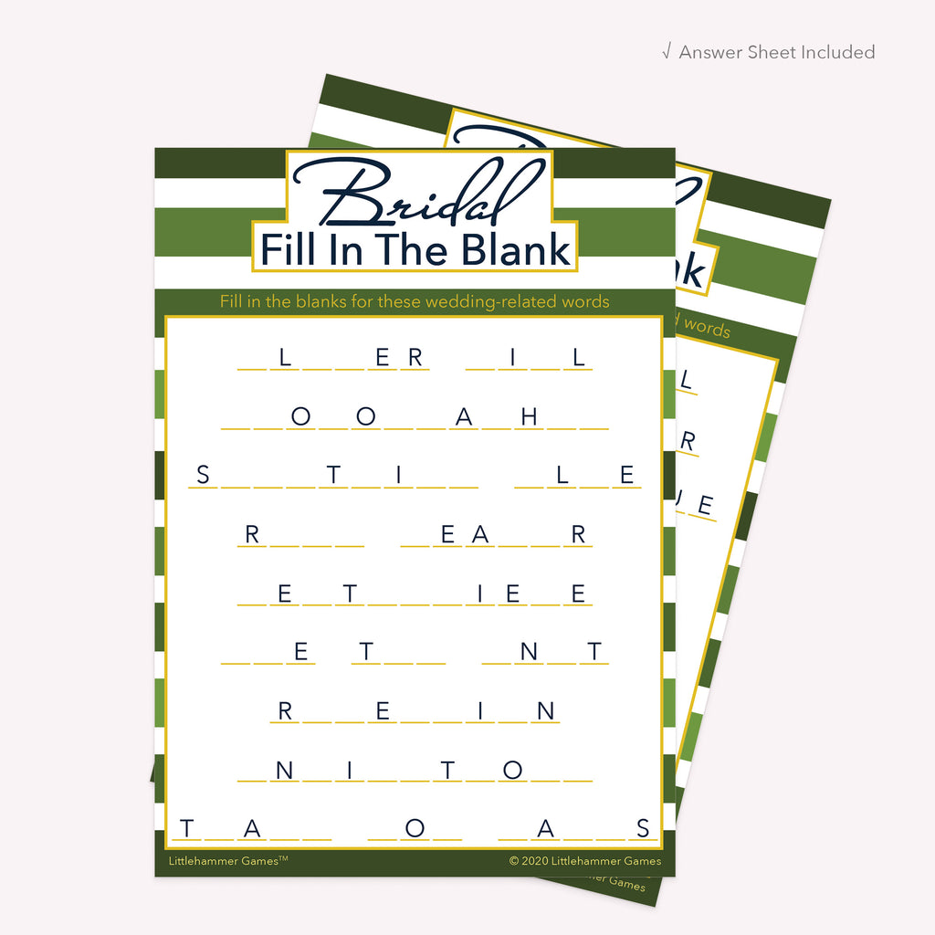 Green-striped Bridal Fill in the Blank printable card with matching answer sheet behind the main card