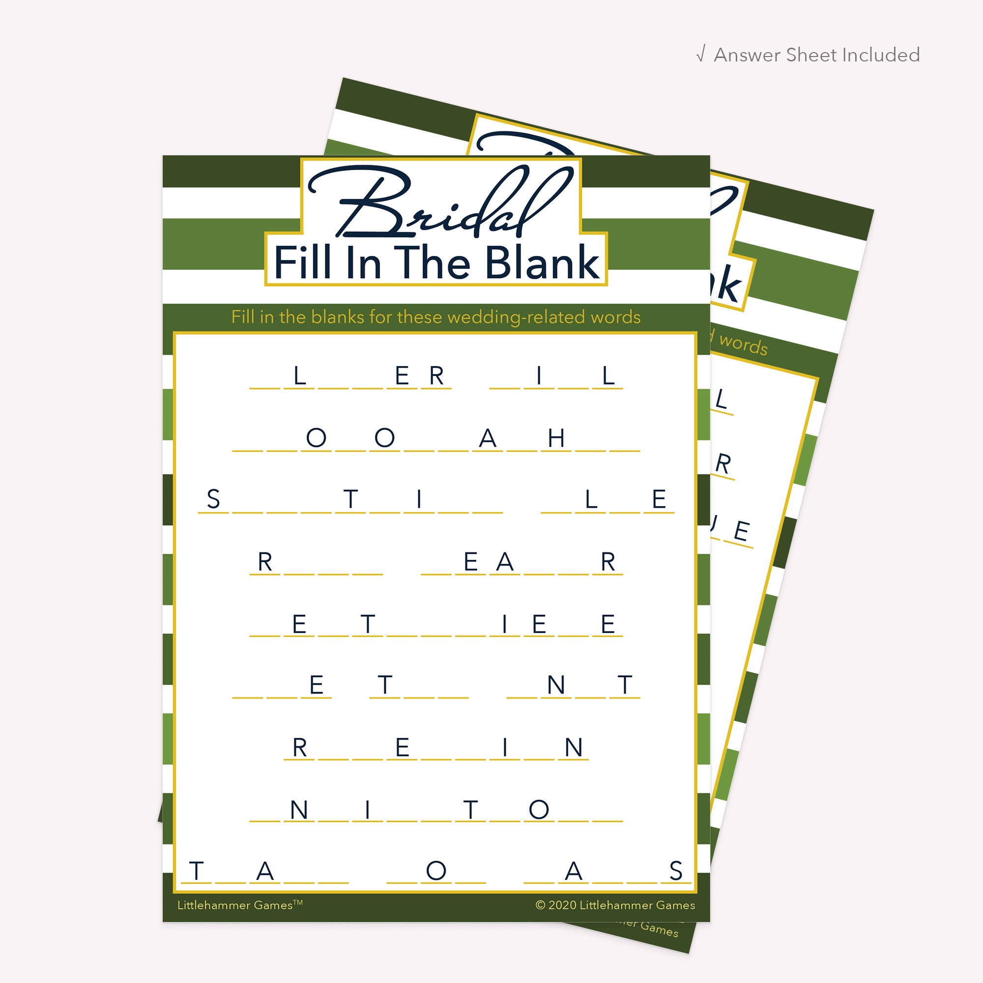 Bridal Fill in the Blank game card with a green-striped background with answer card tucked behind it on a slate background with white text that says "Answer Key Included"
