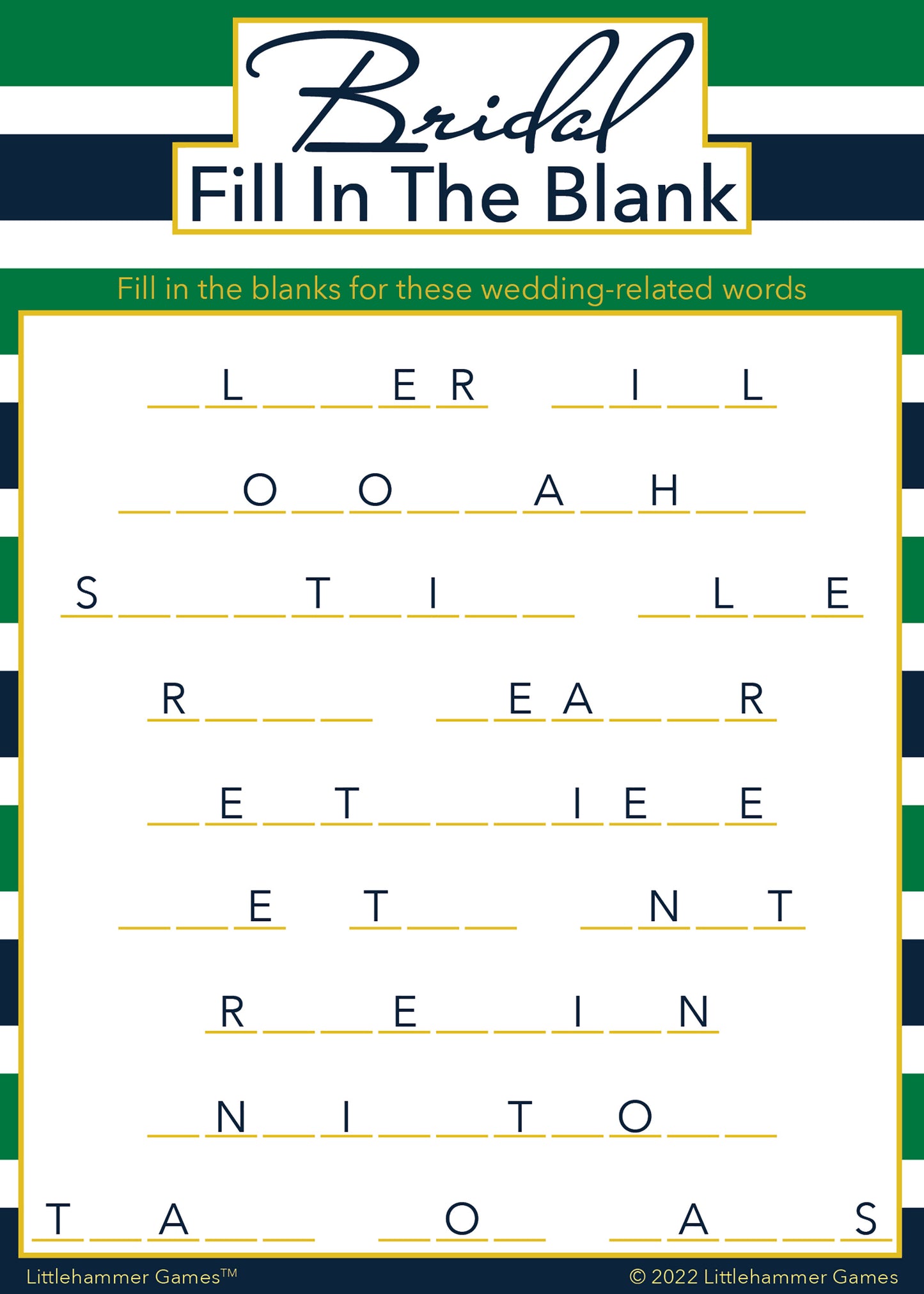 Bridal Fill in the Blank game card with a green and navy-striped background