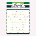 Green and navy-striped bridal shower Bridal Fill in the Blank printable game card layout