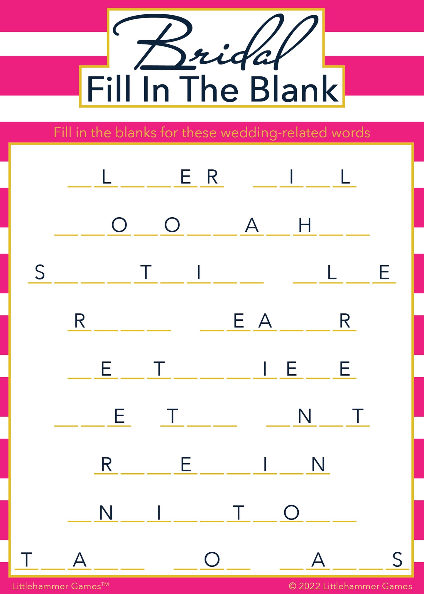 Bridal Fill in the Blank game card with a pink-striped background