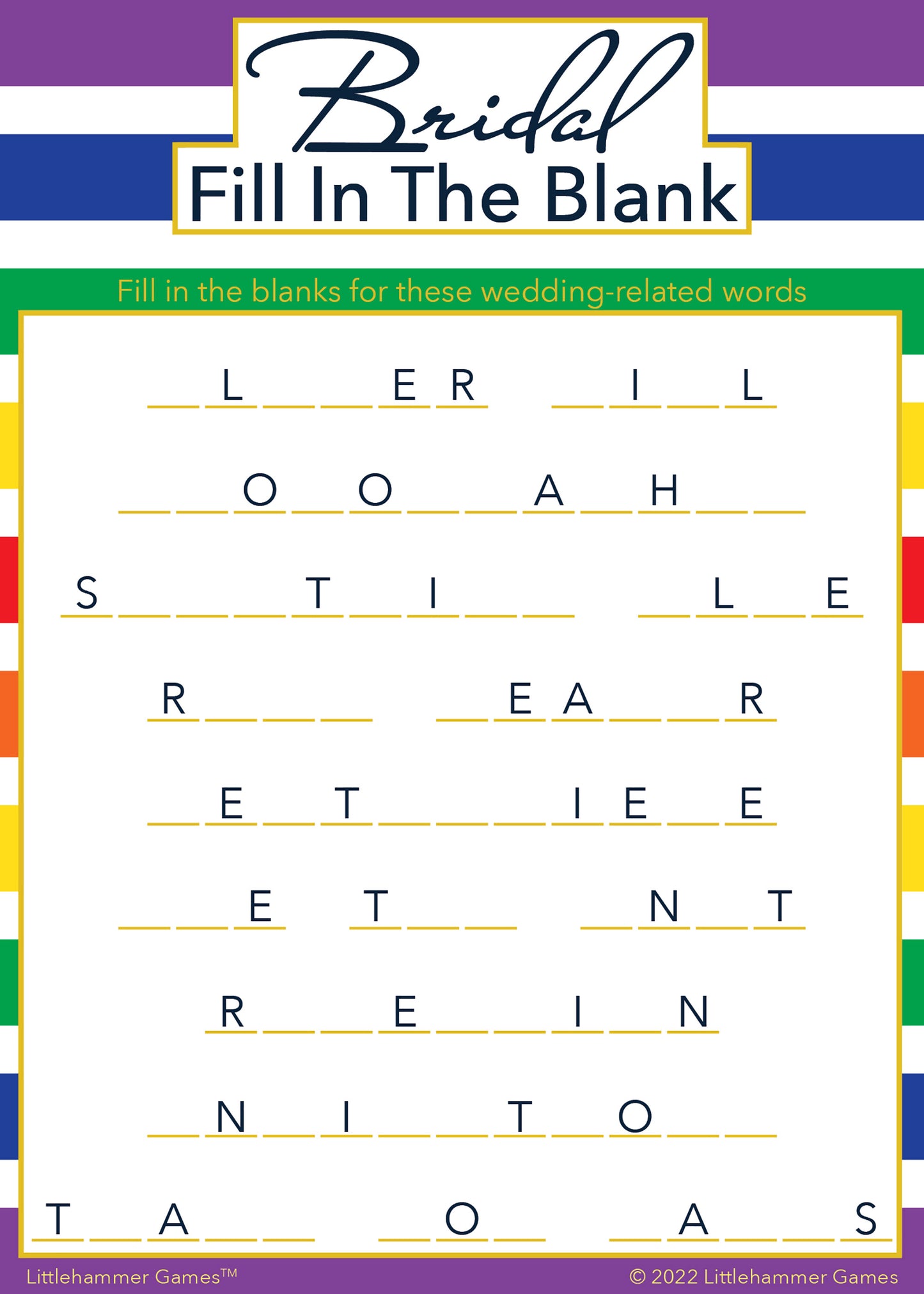 Bridal Fill in the Blank game card with a rainbow-striped background