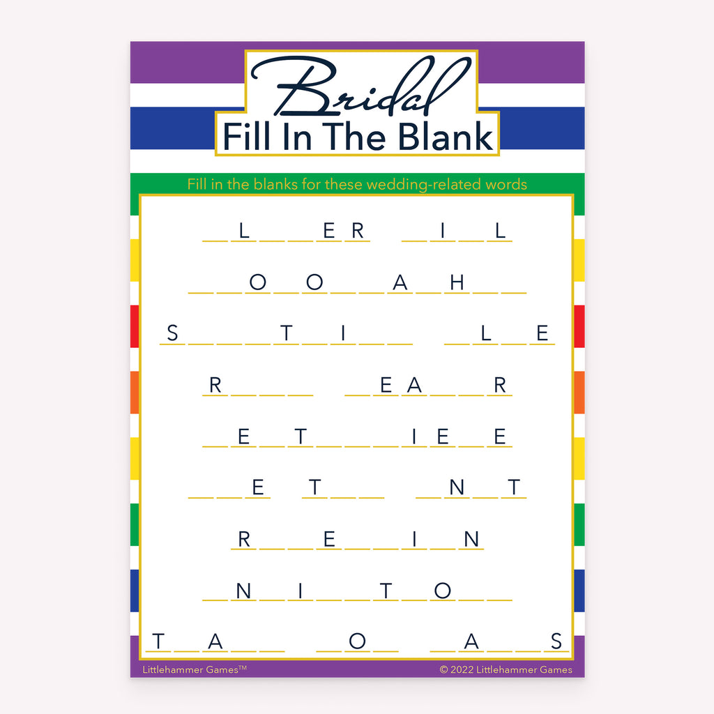 Bridal Fill in the Blank game card with a rainbow-striped background